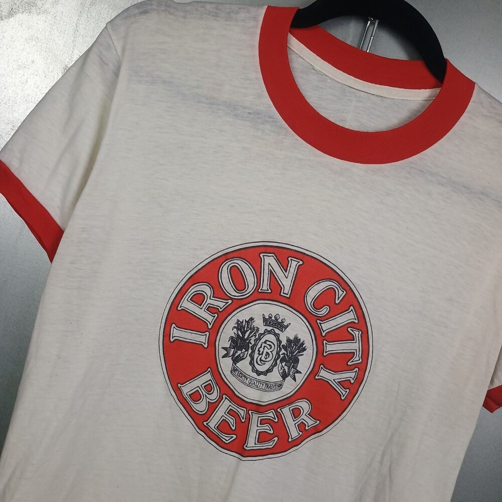 Iron City Brewing Pittsburgh Vintage 80s Distressed Ringer Shirt Small 50/50